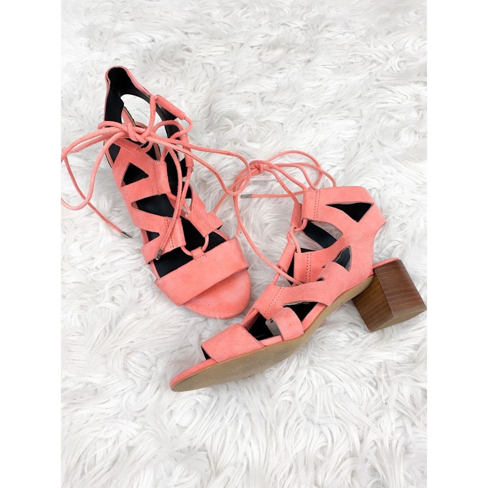 Rebecca Minkoff Issa Coral Pink Orange Gladiator Lace Up Block Heel Sandals 6